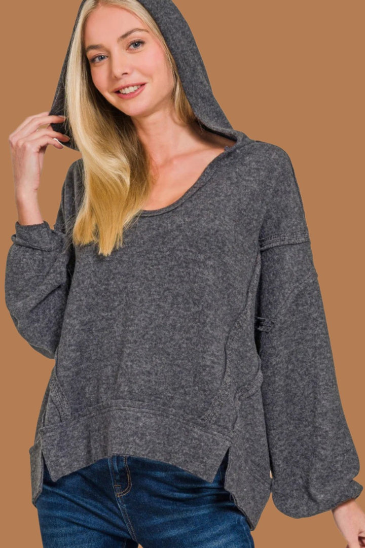 Zenana Brushed Hacci Exposed Seam Hoodie In Black