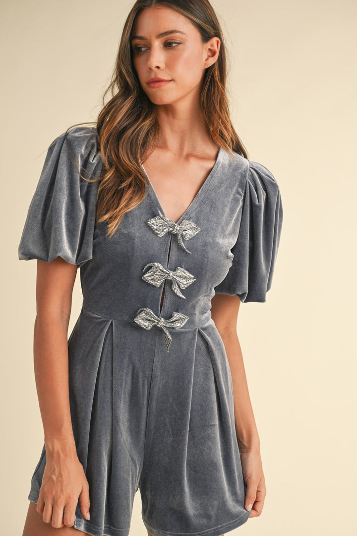 Mable Jewel Bow Decor Puff Sleeve Velvet Romper In Dusty Blue