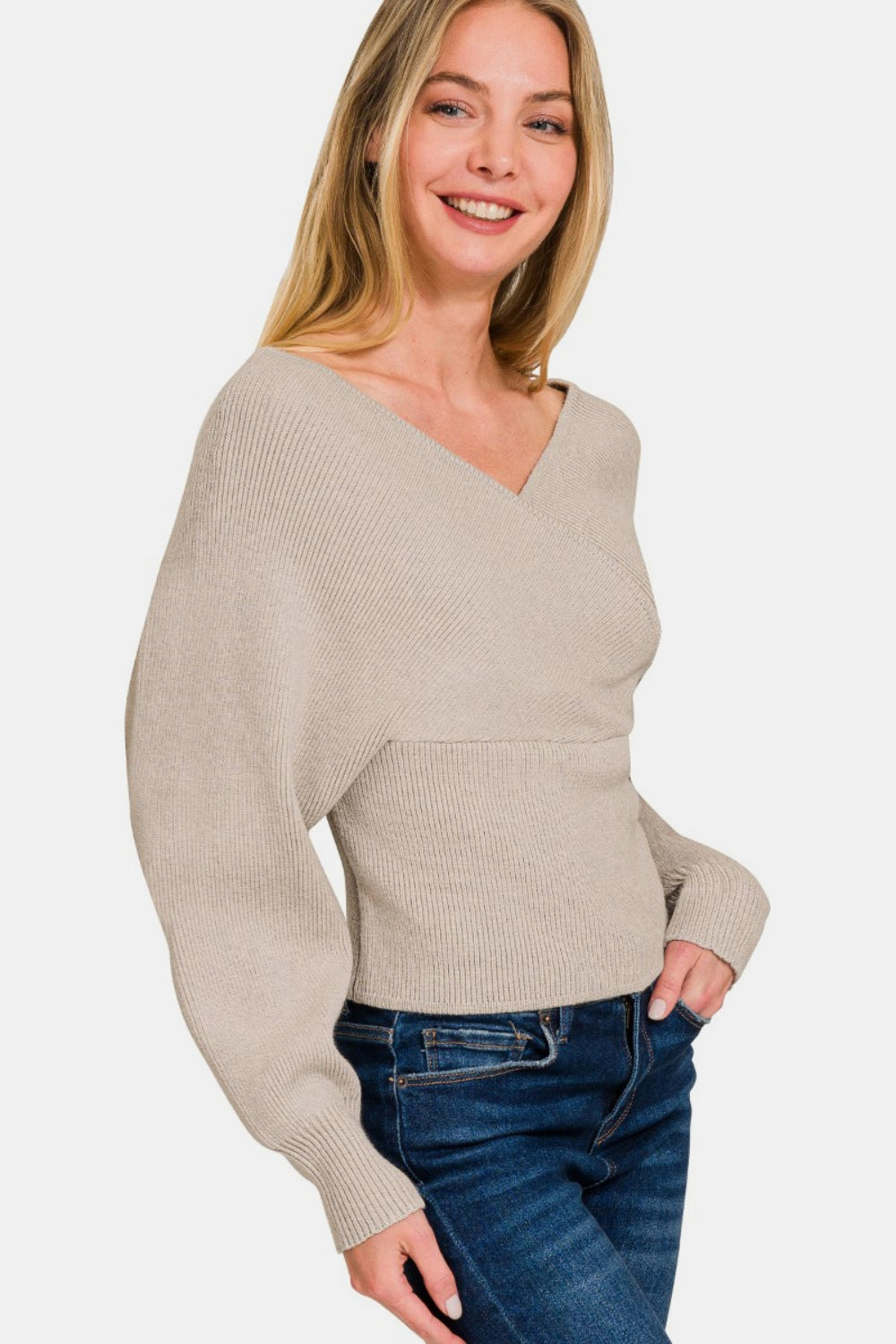 Zenana Cross Wrap Rib Long Sleeve Sweater In Mocha