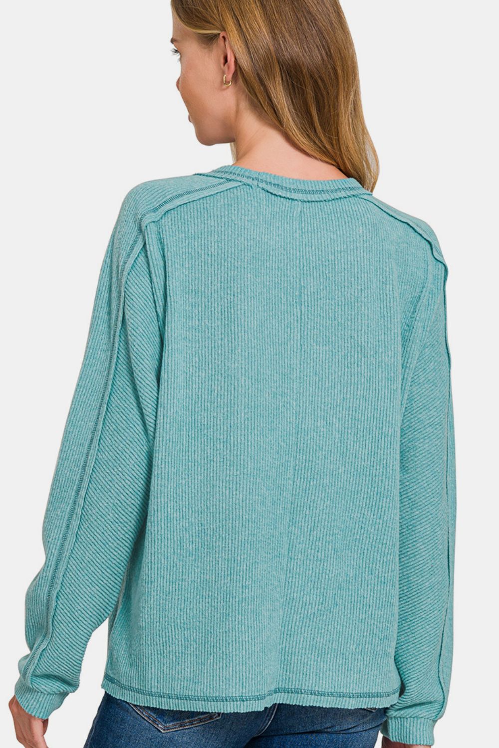 Zenana Brushed Ribbed Hacci Knit Top In Teal