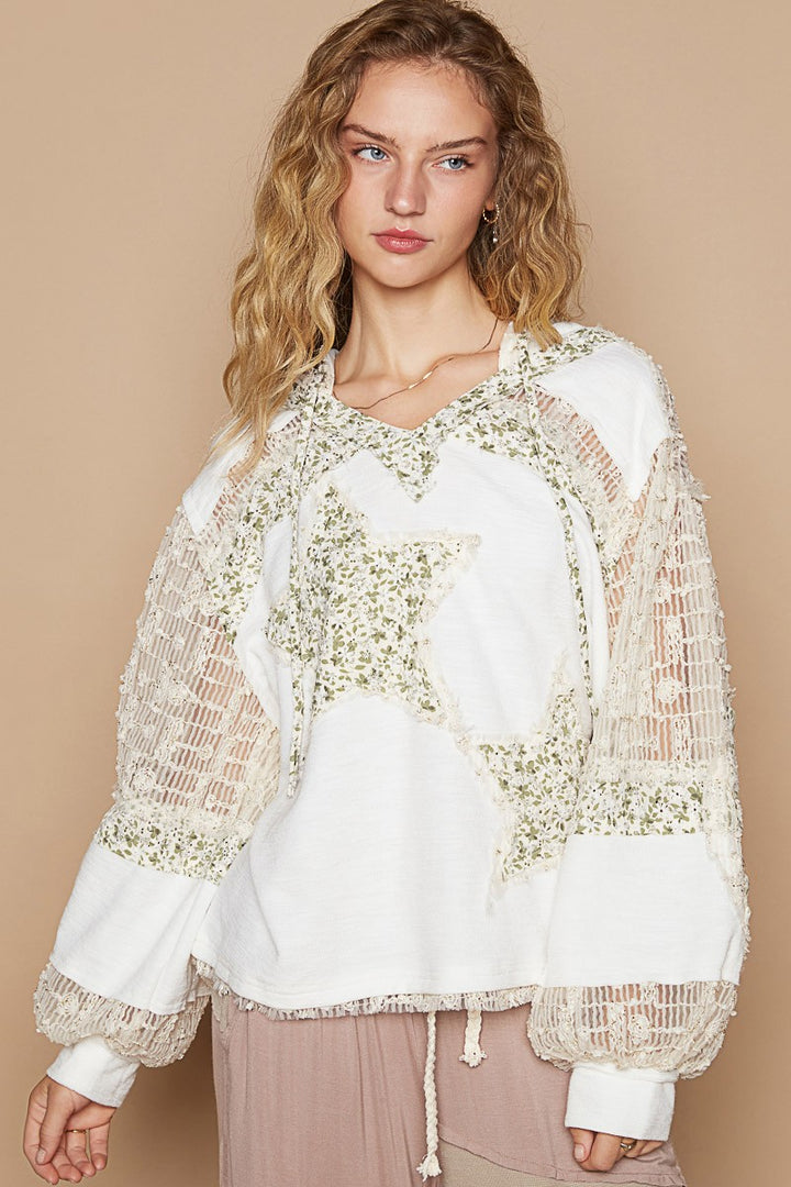 POL Star Patch Lace Contrast Long Sleeve Hooded Top In Ivory