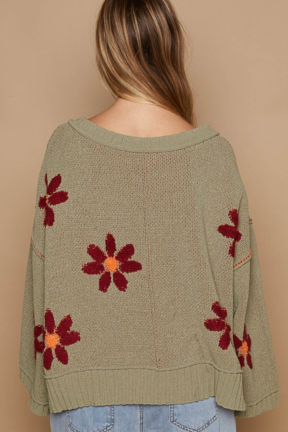 POL V-Neck Floral Pattern Chenille Sweater In Olive