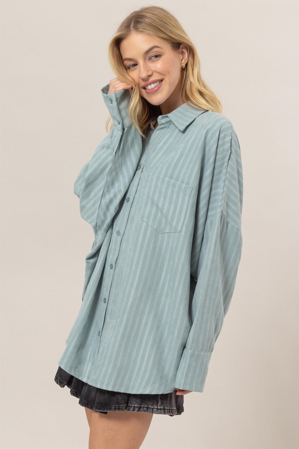 HYFVE Stripe Button Down Long Sleeve Oversized Shirt In Dusty Aqua