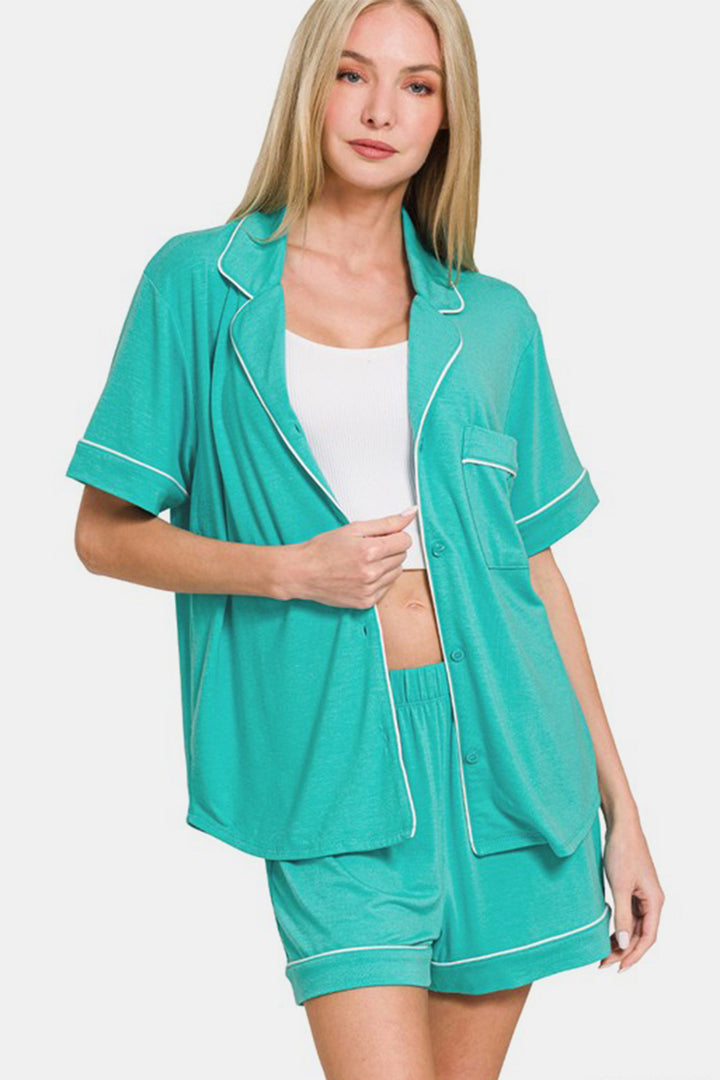 Zenana Button Down Top and Shorts Lounge Set In Turquoise