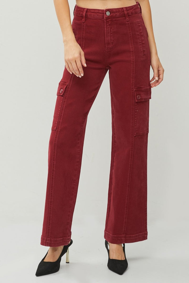 RISEN High Rise Wide Leg Cargo Jeans In Wine