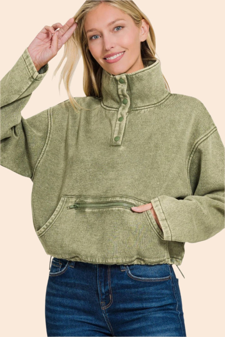 Zenana Acid Wash Fleece Half Snap Sweatshirt with Pocket In LT Olive