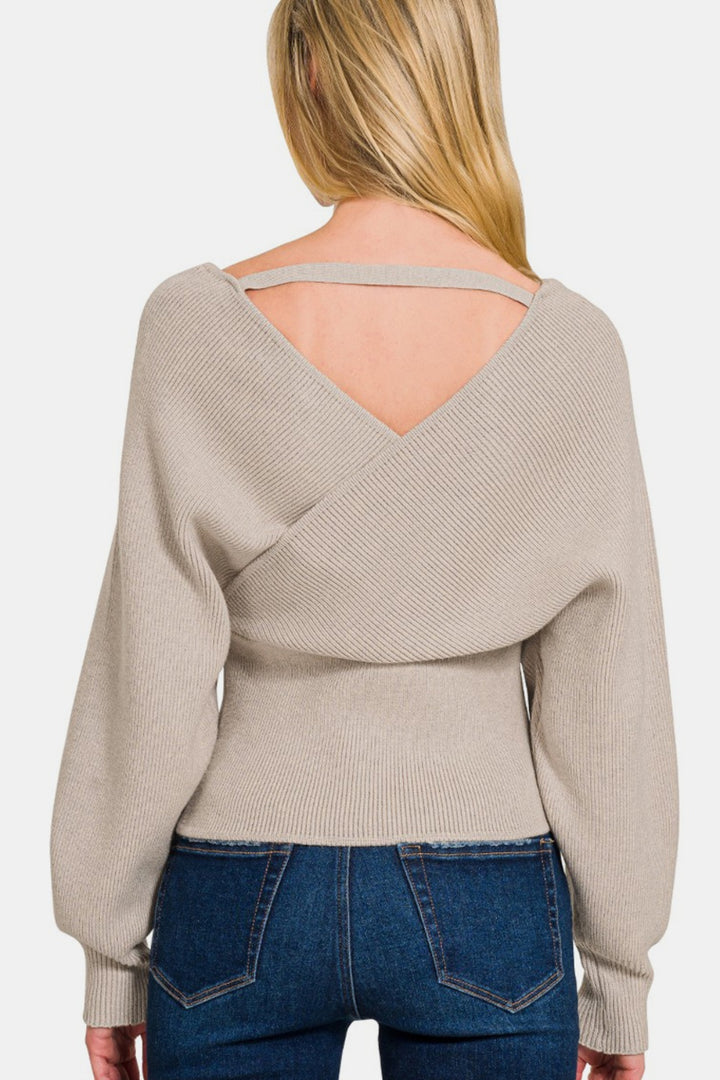 Zenana Cross Wrap Rib Long Sleeve Sweater In Mocha