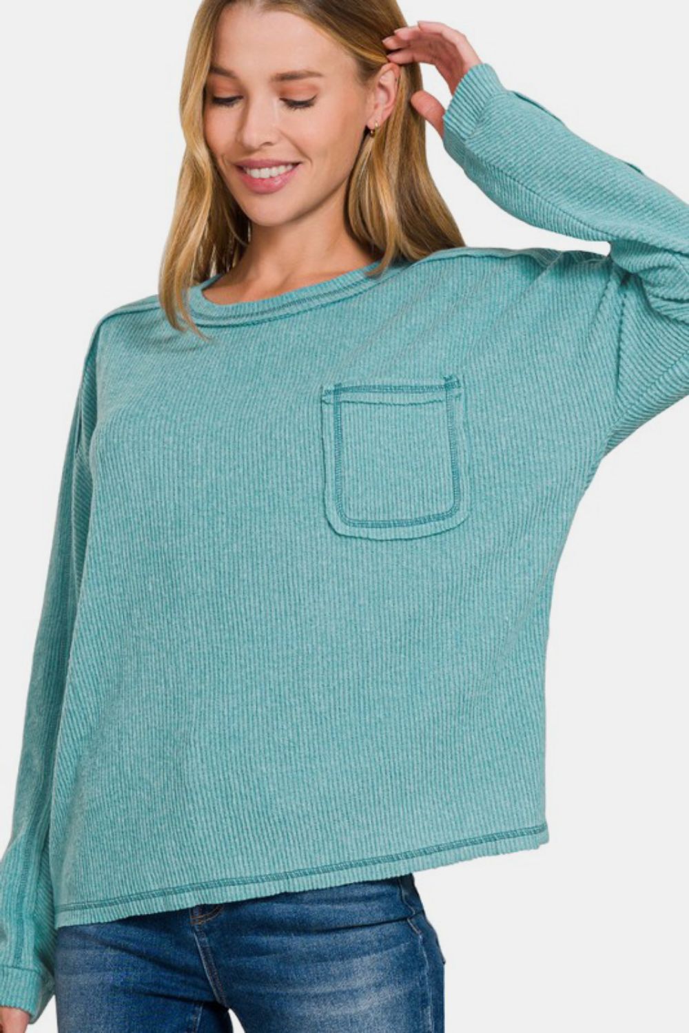 Zenana Brushed Ribbed Hacci Knit Top In Teal