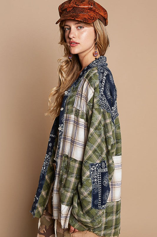 POL Patchwork Plaid Button Up Shirt In Moss