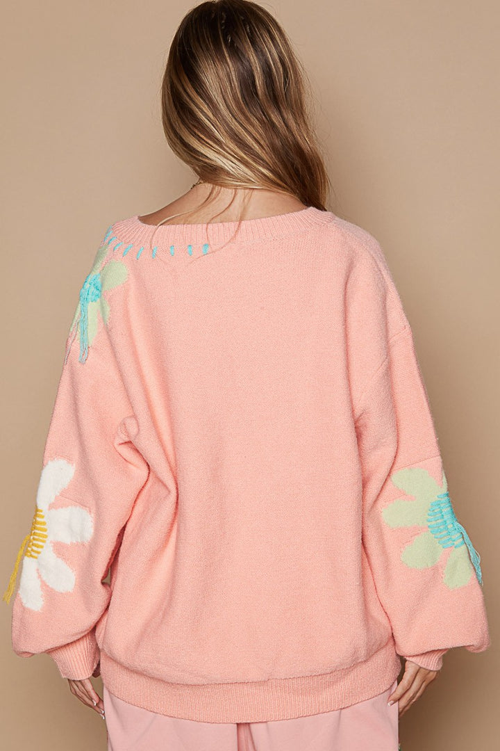 POL Flower Fringe Sweater In Pink