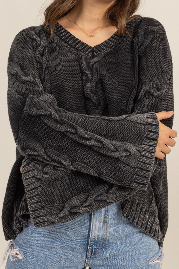 HYFVE Cable Knit V-Neck Dropped Shoulder Oversized Sweater In Charcoal