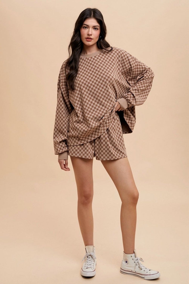 Annie Wear Checkered Top and Drawstring Shorts Set In Mocha