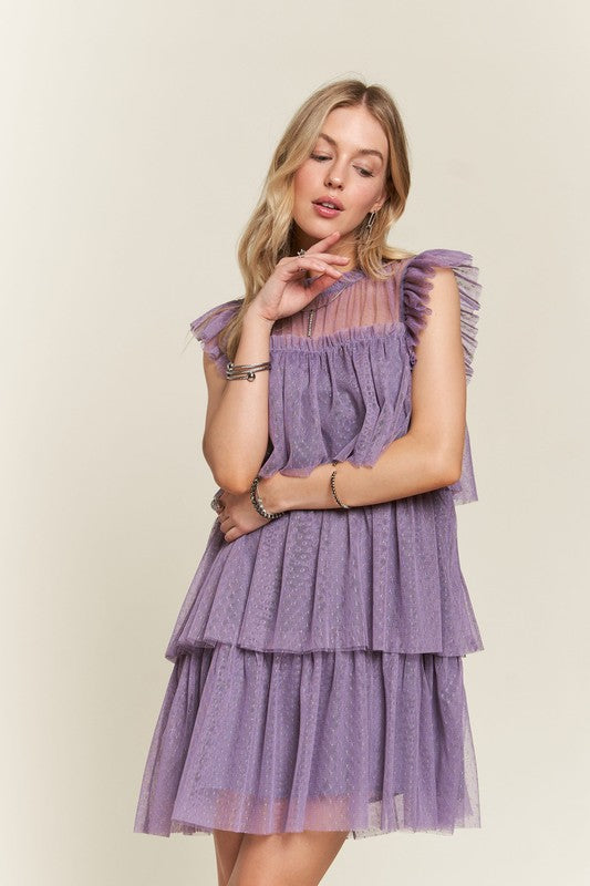 ADORA Layered Ruffled Cap Sleeve Mesh Dress In Mauve