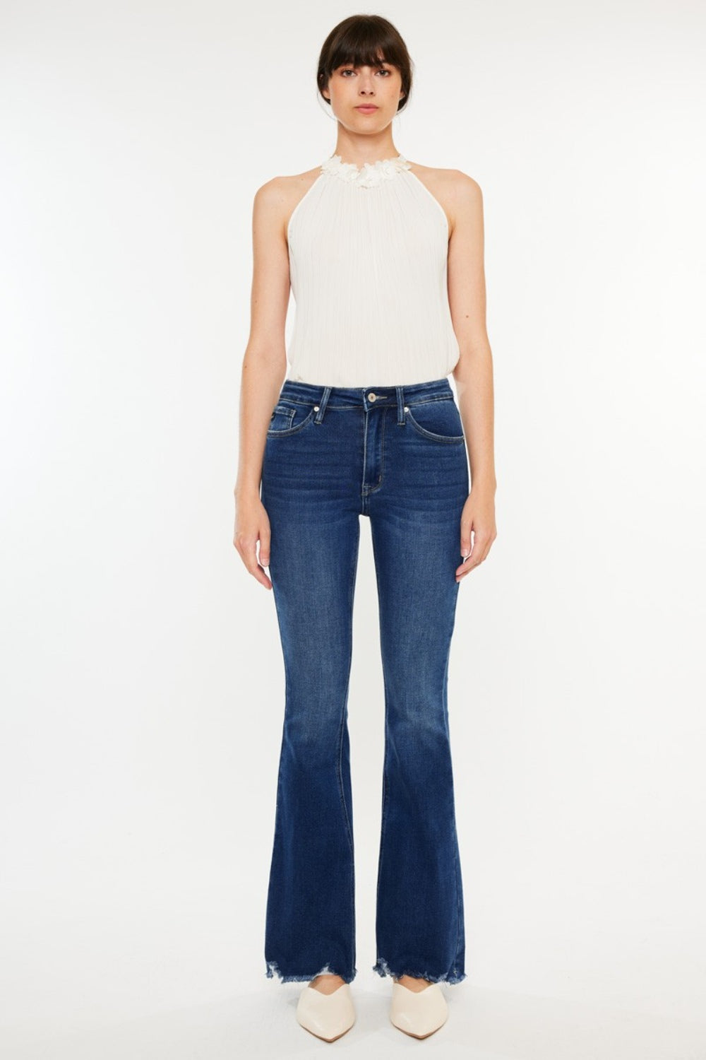 Kancan Cat's Whiskers Raw Hem Flare Jeans In Dark Wash