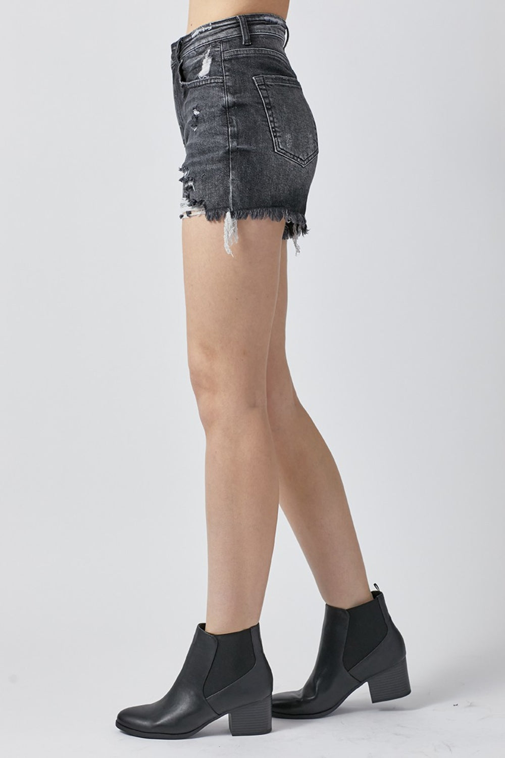 RISEN Blackout Chic High Rise Distressed Denim Shorts