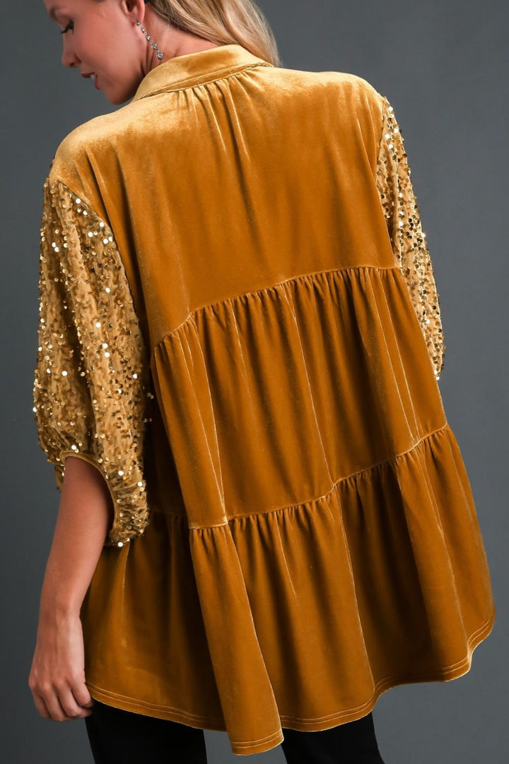 Umgee Sequin Detail Tiered Top In Mustard