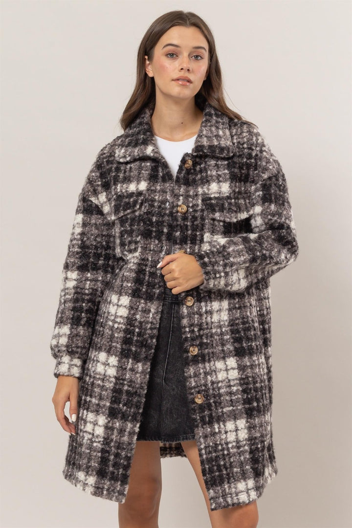 HYFVE Plaid Button Down Longline Shacket In Black