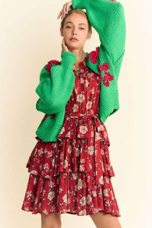 Davi & Dani Floral Applique Cardigan In Green