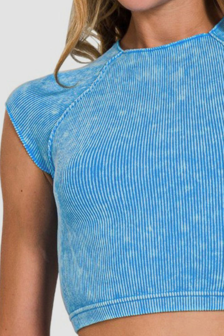 Zenana Ribbed Cropped Top In Sky Blue