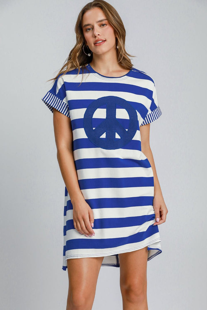 Umgee Peace Applique Striped Mini Dress In Royal Blue