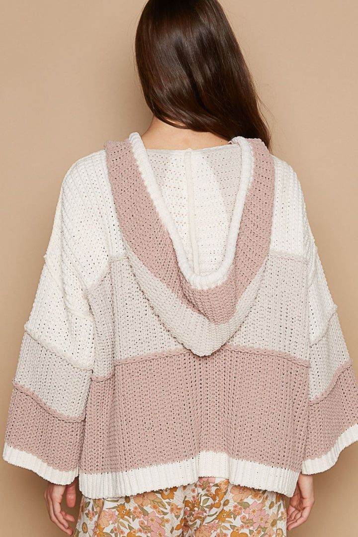 POL Color Block Long Sleeve Hooded Sweater In Cream Beige Multi