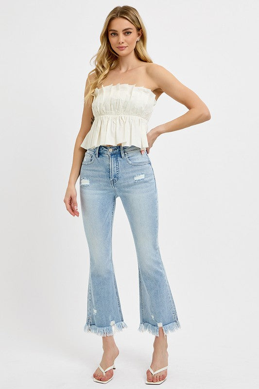 RISEN Raw Hem Distressed Cropped Flare Jeans In Light Wash