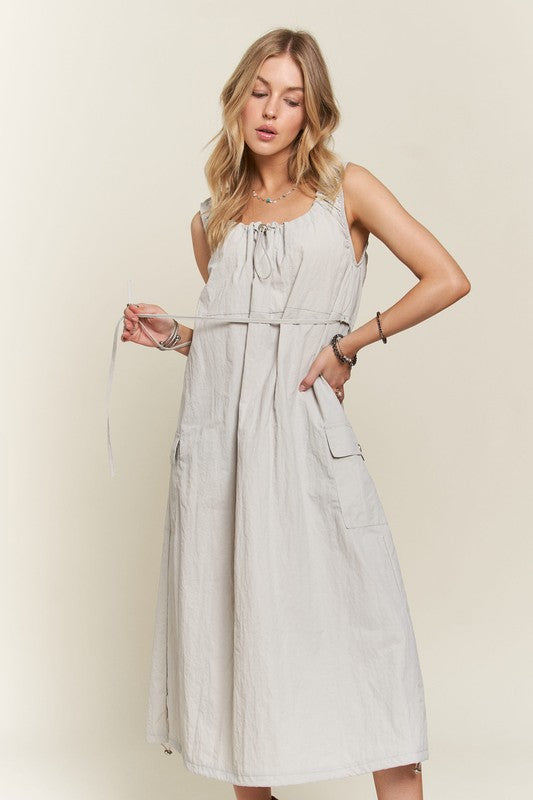 ADORA Drawstring Slit Back Cargo Dress In Lt Grey