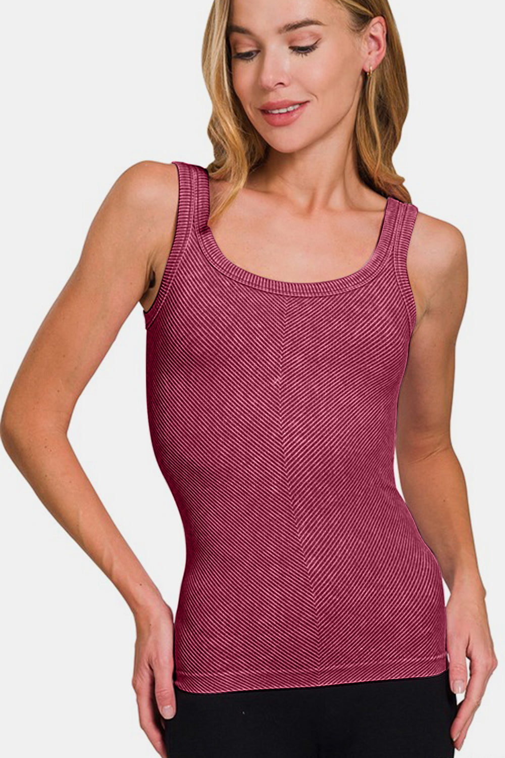 Zenana Ribbed Scoop Neck Tank In Burgundy