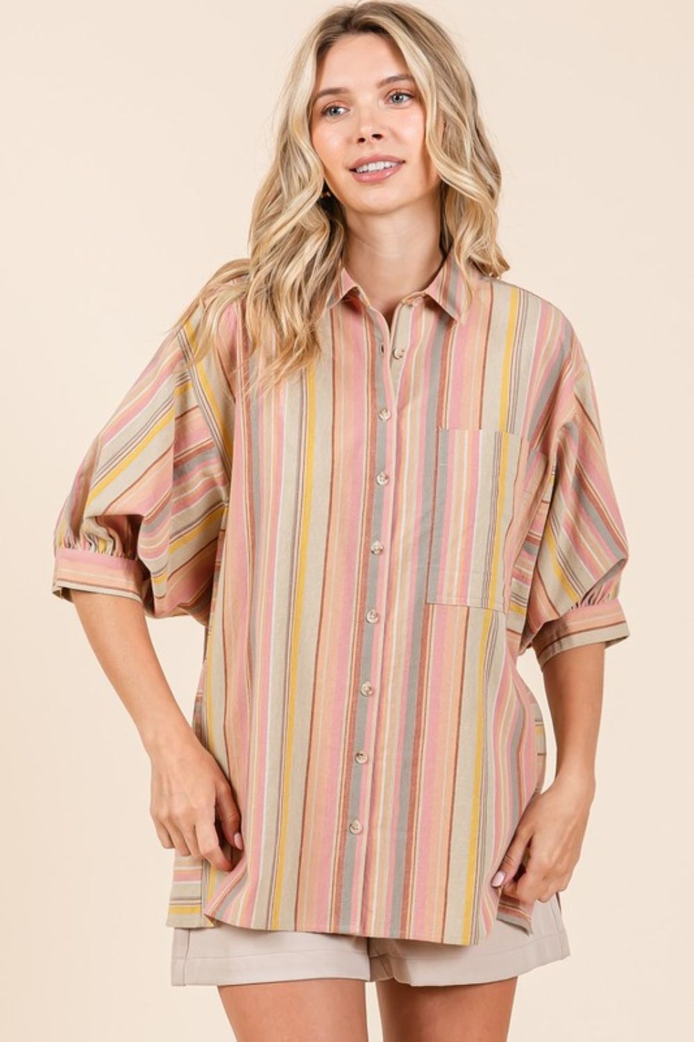 Mittoshop Striped Bubble Sleeve Button Down Top In Multicolor