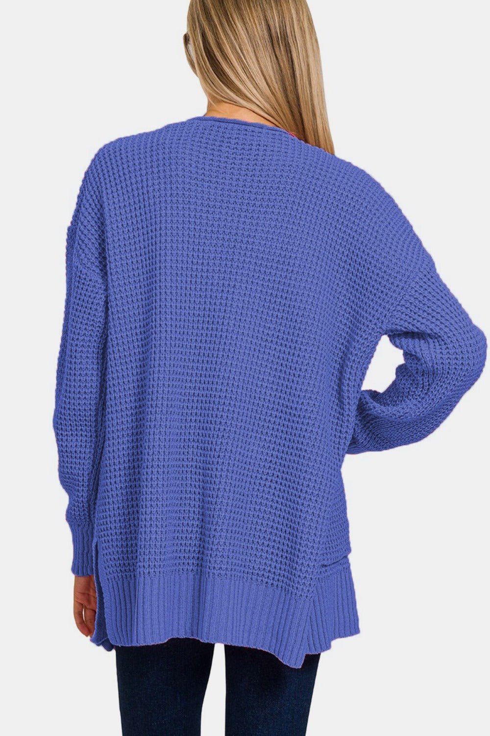 Zenana Waffle Open Front Sweater Cardigan In Marlin