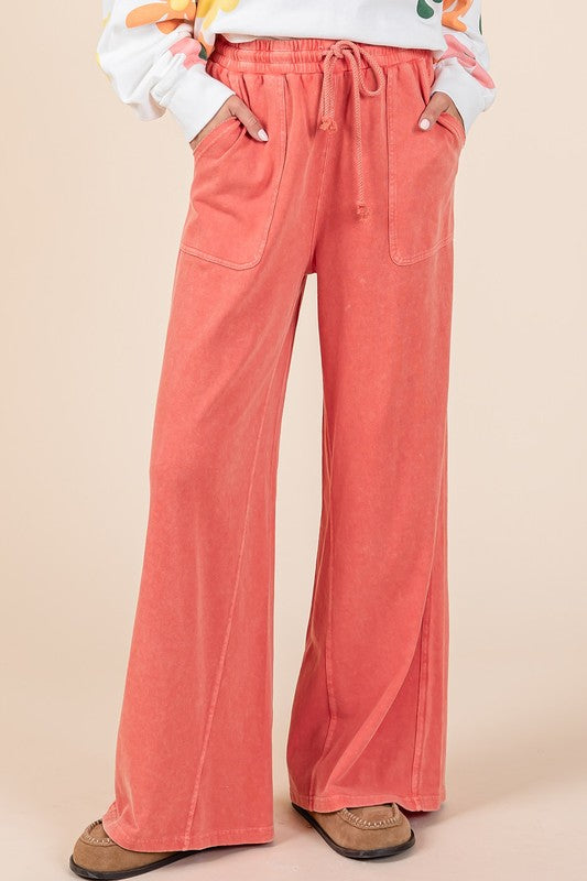 Mittoshop Mineral Wash Drawstring Wide Leg Pants In Red