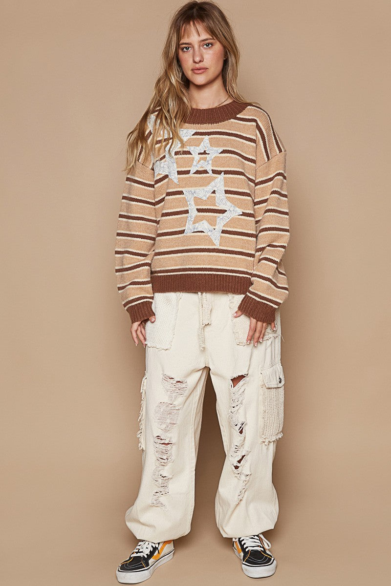 POL Star Patch Stripe Round Neck Sweater In Brown