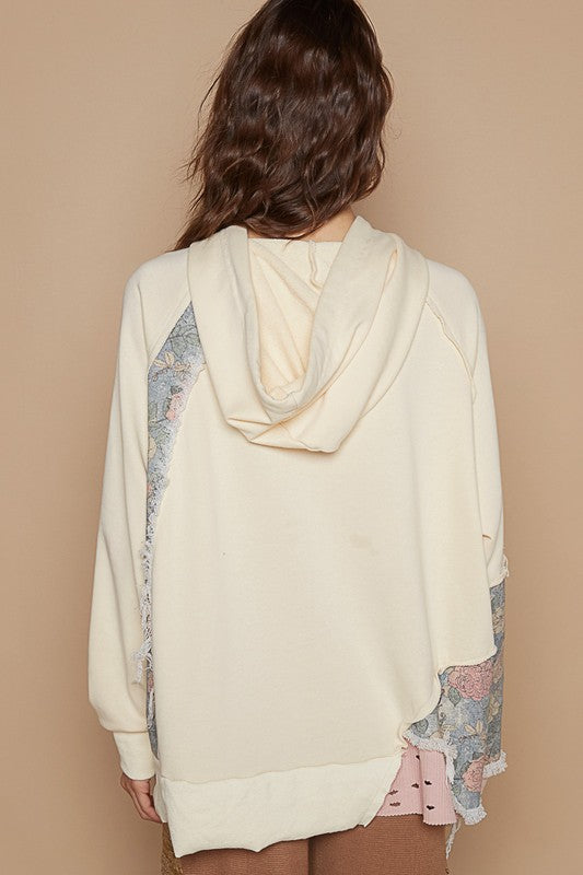 POL Floral Patchwork Distressed Hoodie In Cream