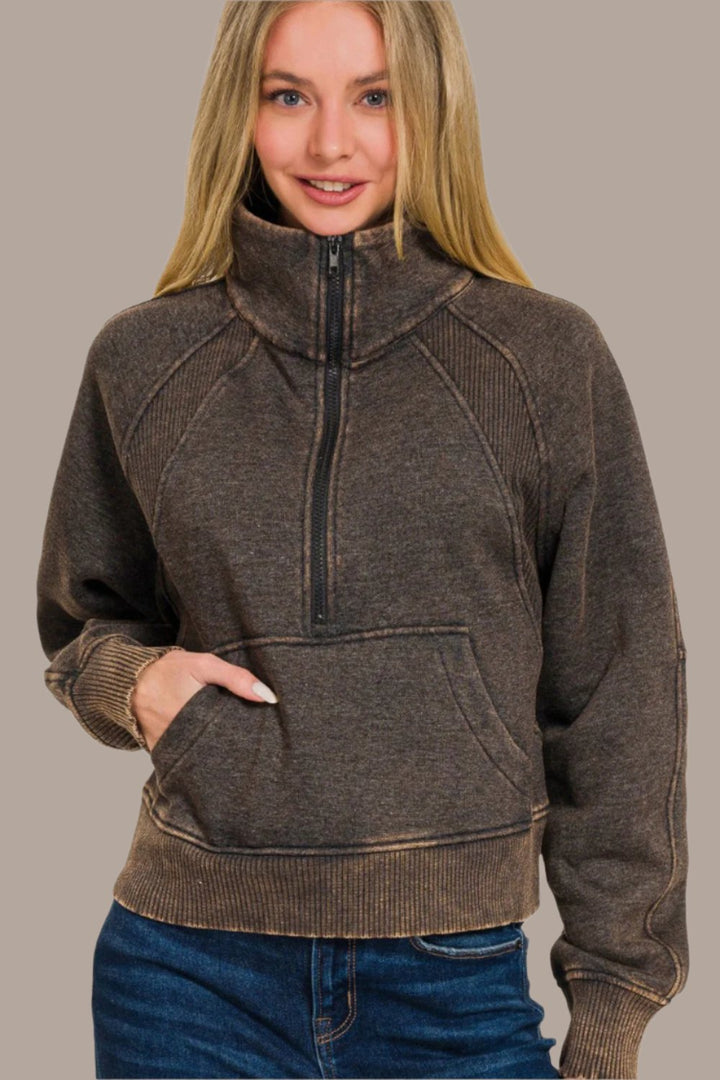 Zenana Acid Washed Half Zip Fleece Sweatshirt In Ash Black