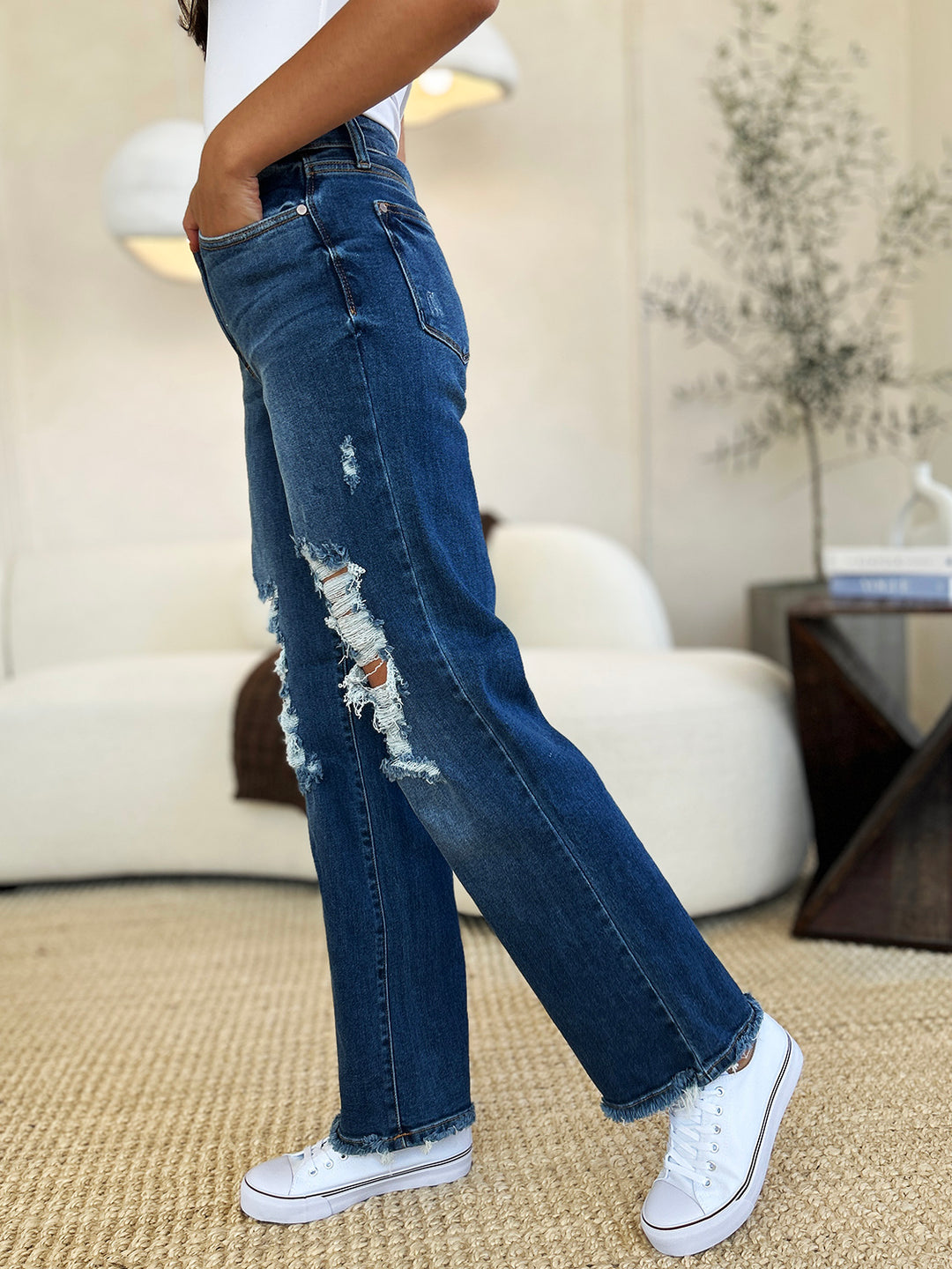 Judy Blue Memories Mid Rise Distressed Raw Hem Jeans