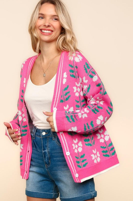 Haptics Floral Jacquard V-Neck Button Up Cardigan In Hot Pink