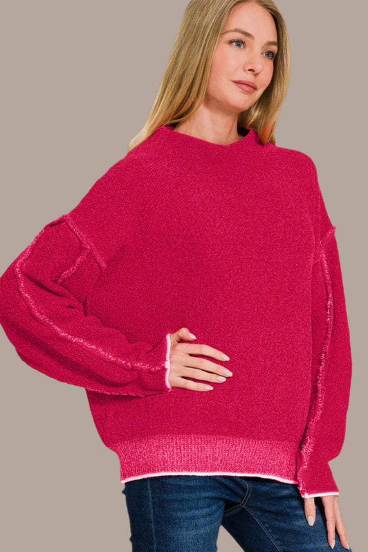 Zenana Exposed Seam Mock Neck Sweater In Viva Magenta