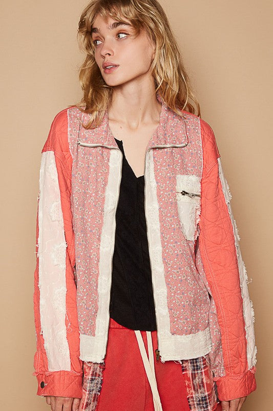 POL Floral Patchwork Zip Up Jacket In Coral