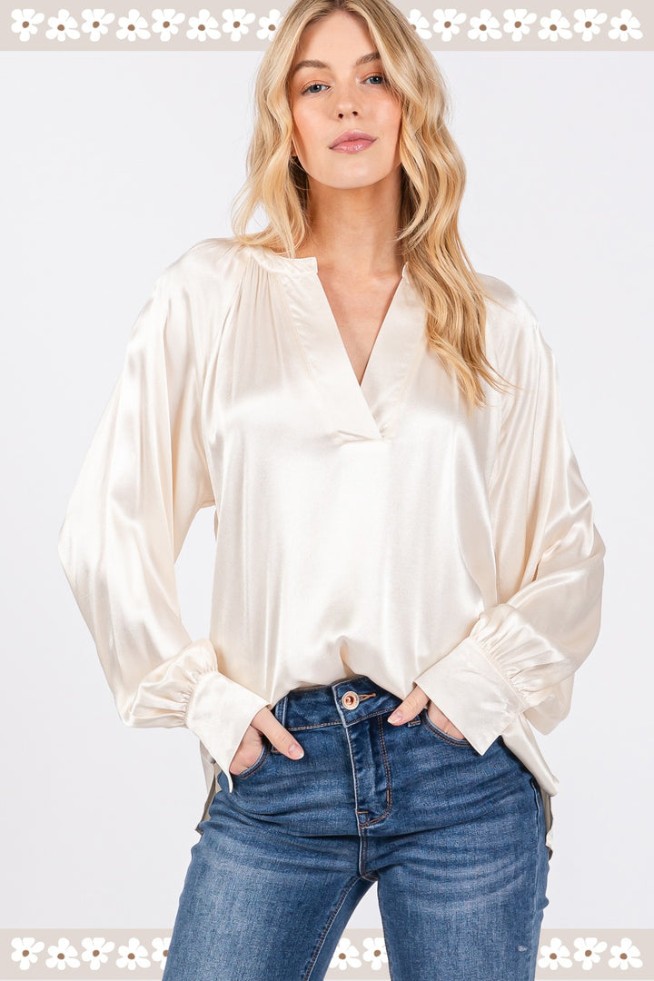 SAGE + FIG Notched Long Sleeve Top In Ivory