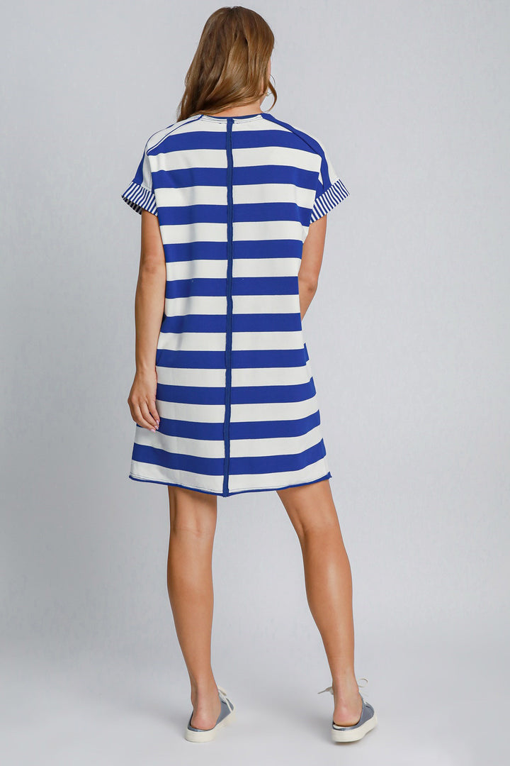 Umgee Peace Applique Striped Mini Dress In Royal Blue