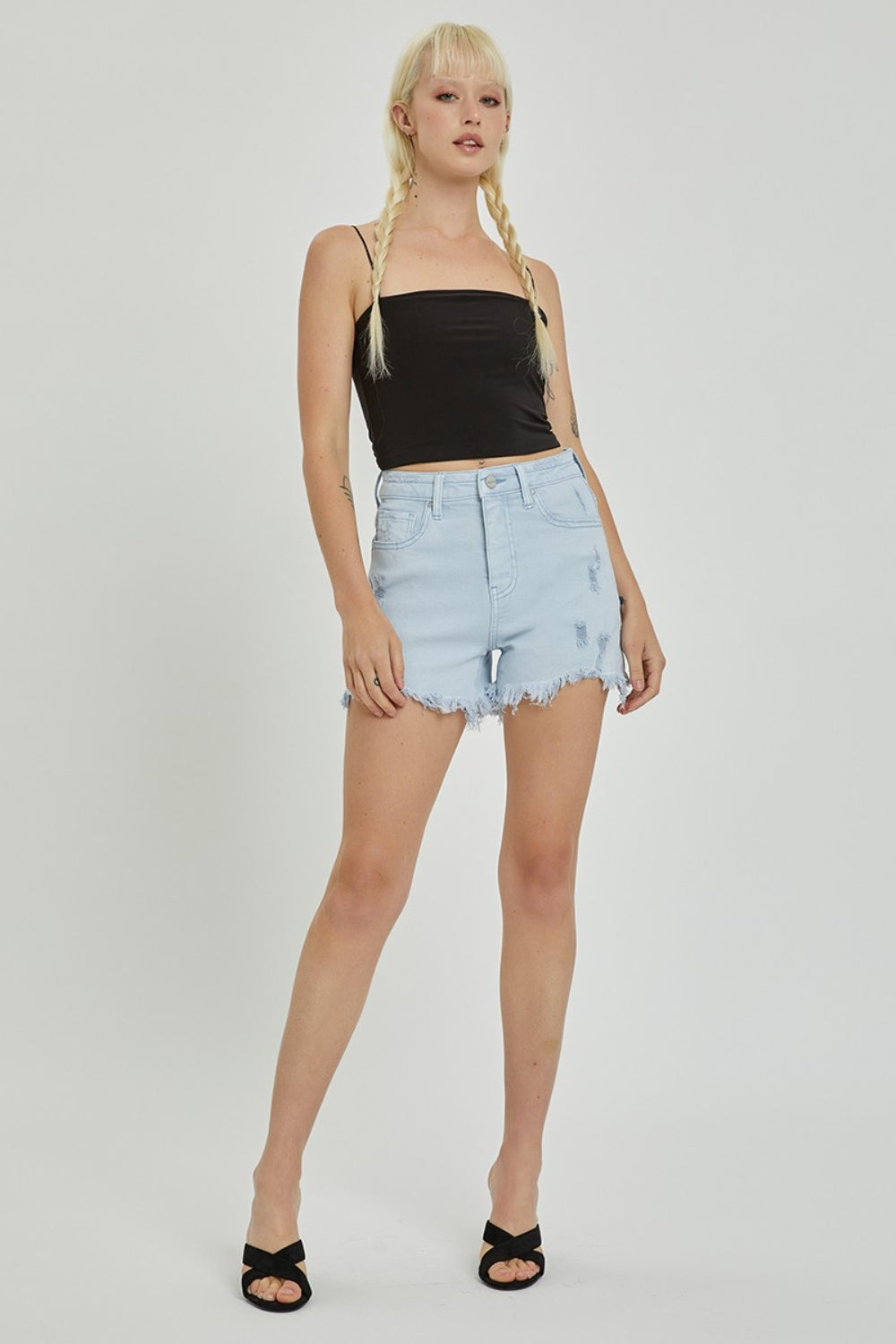 RISEN Char High Rise Distressed Detail Denim Shorts