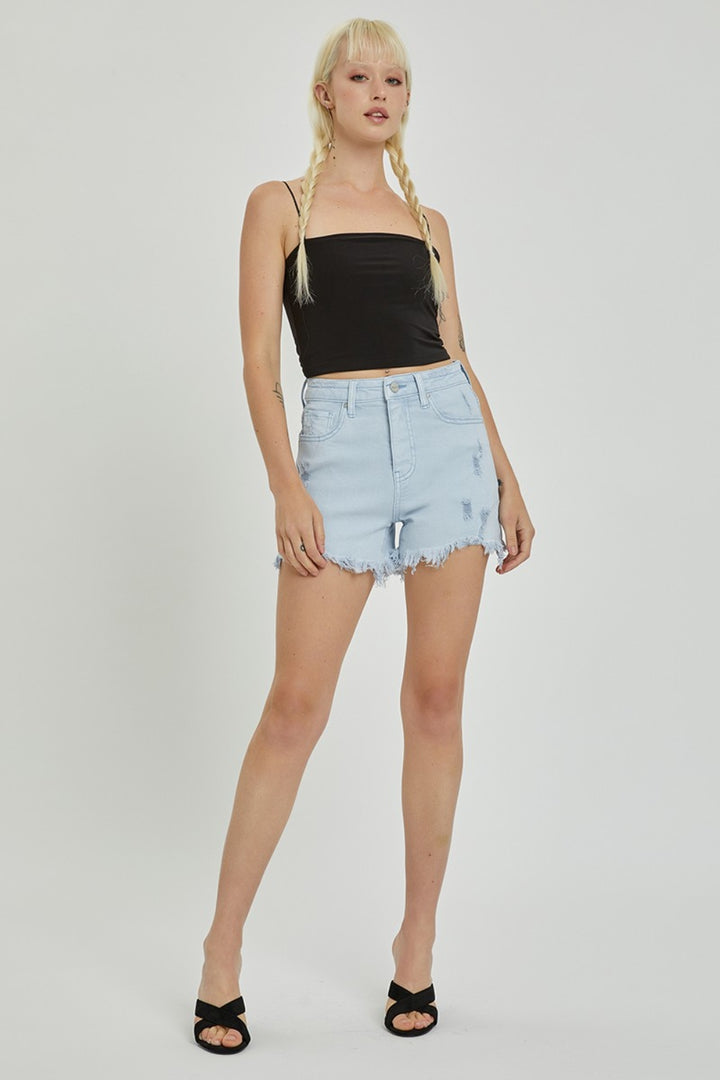 RISEN Char High Rise Distressed Detail Denim Shorts