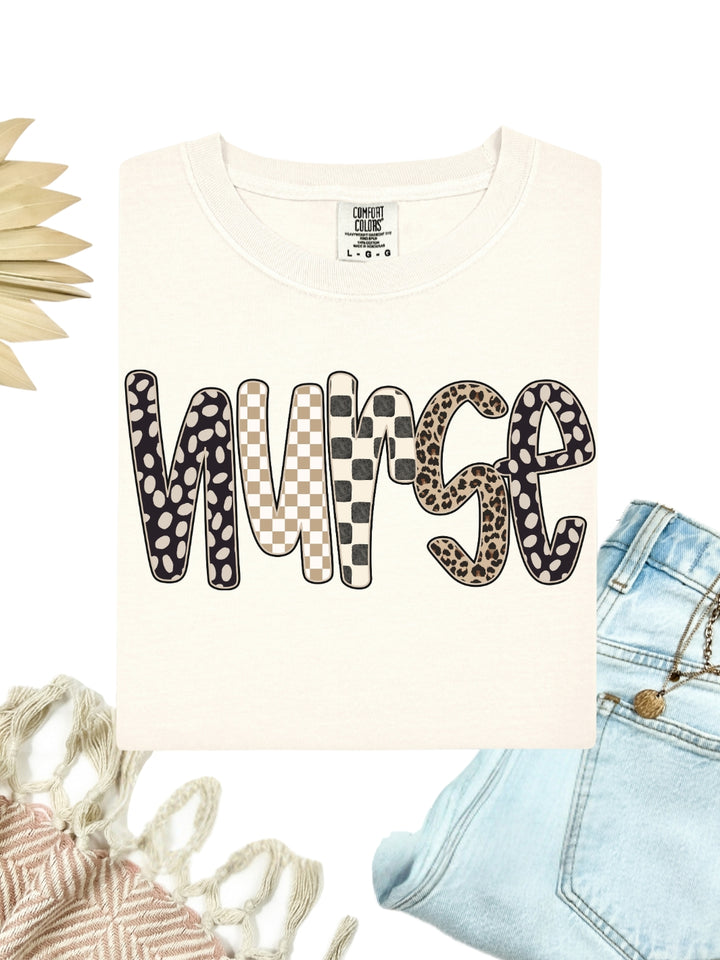 Comfort Colors Nurse Checkered Leopard Print T-Shirt