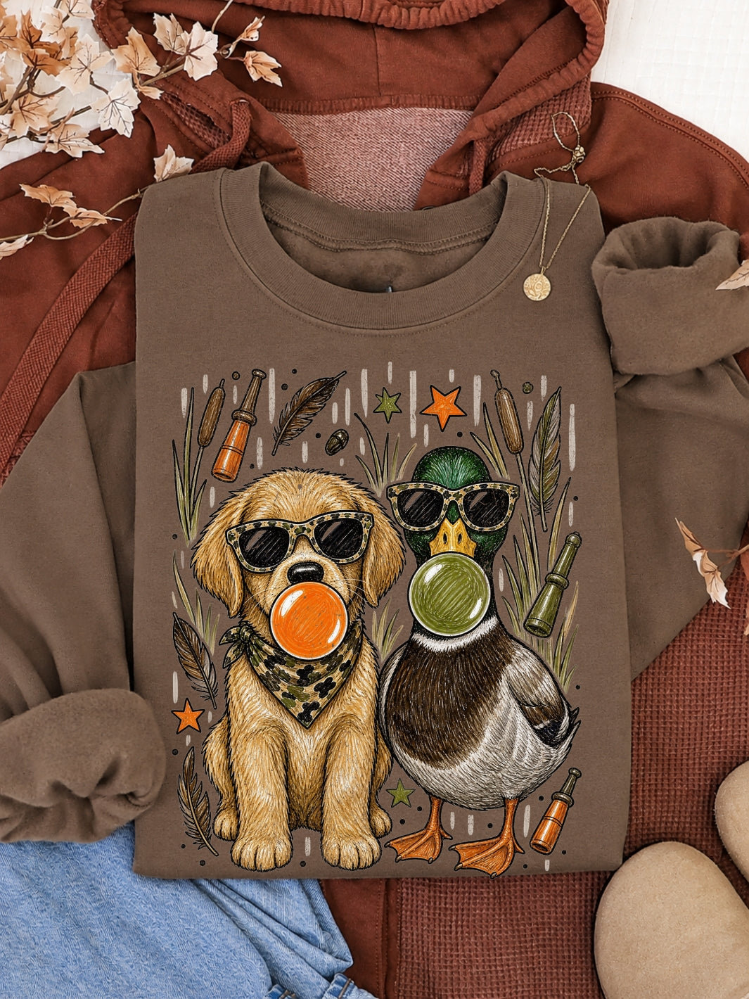 Retro Preppy Duck Hunting Graphic Crewneck Sweatshirt