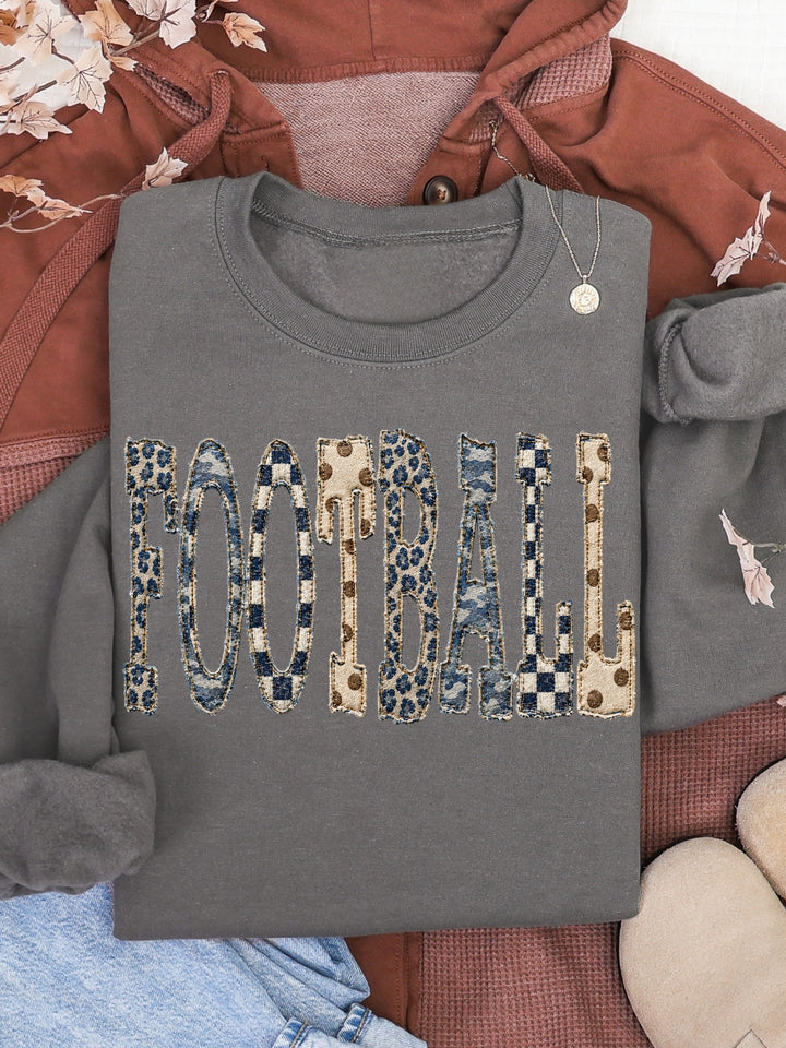 Retro Football Faux Patchwork Graphic Crewneck Sweatshirt