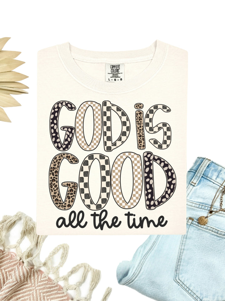Comfort Colors God Is Good Checkered Leopard Print T-Shirt