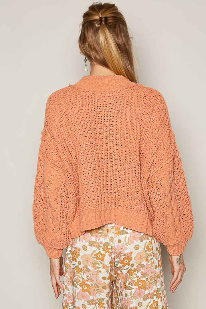 POL Mock Neck Cable Knit Sweater In Coral Tangerine