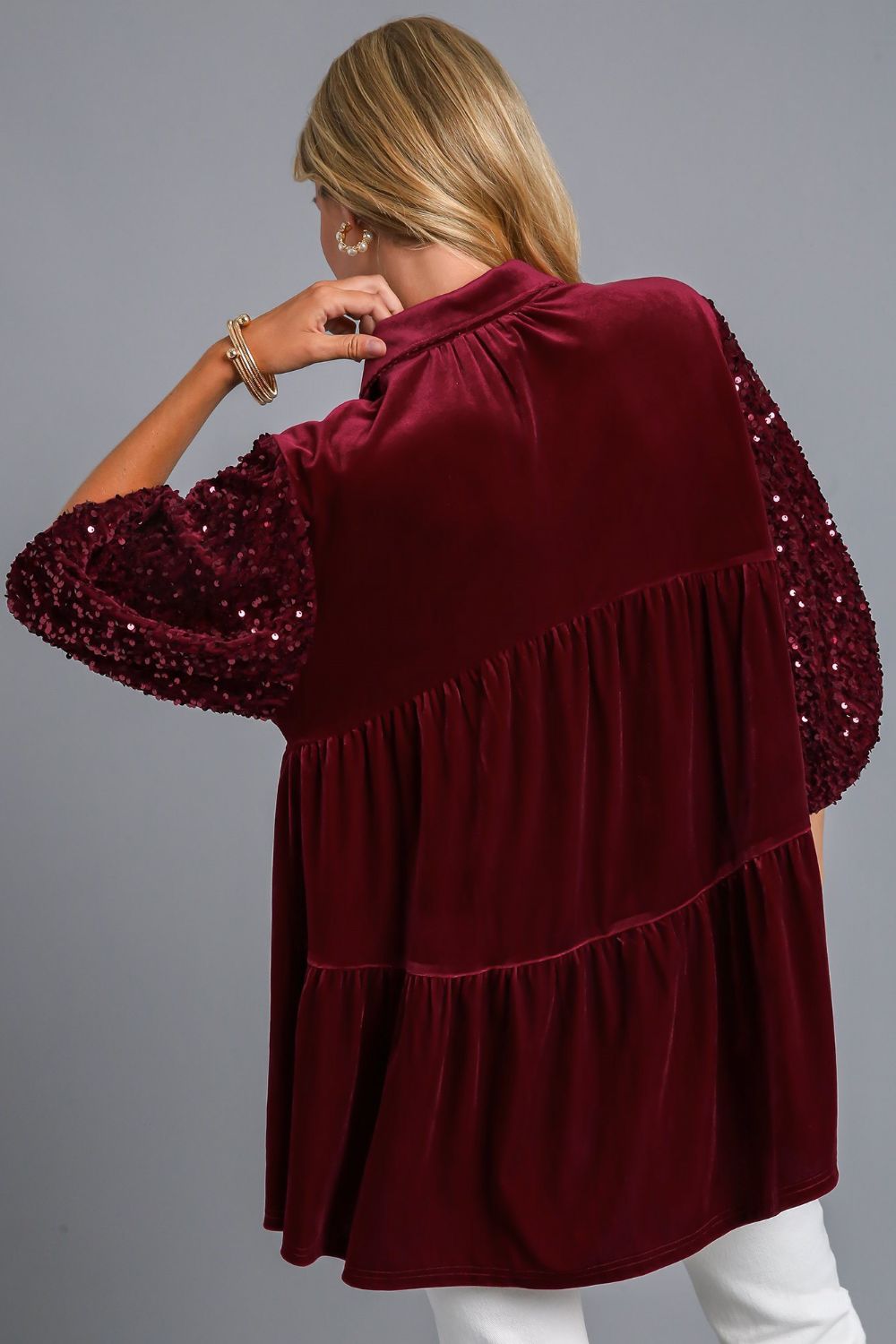 Umgee Sequin Detail Tiered Top In Wine