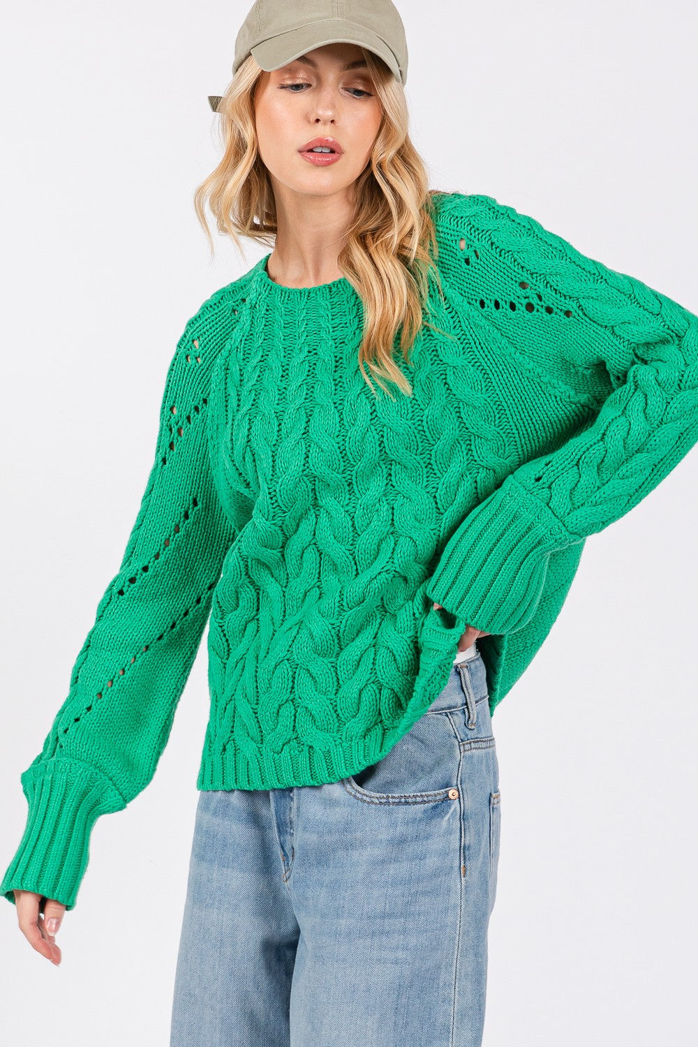 SAGE + FIG Cable-Knit Long Sleeve Sweater In Emerald