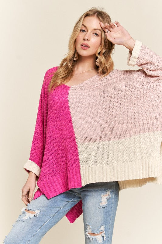 ADORA Side Slit Color Block Sweater In Hot Pink